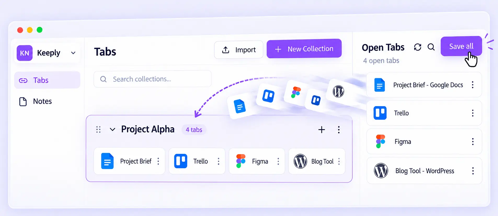 Keeply save open tabs product UI placeholder