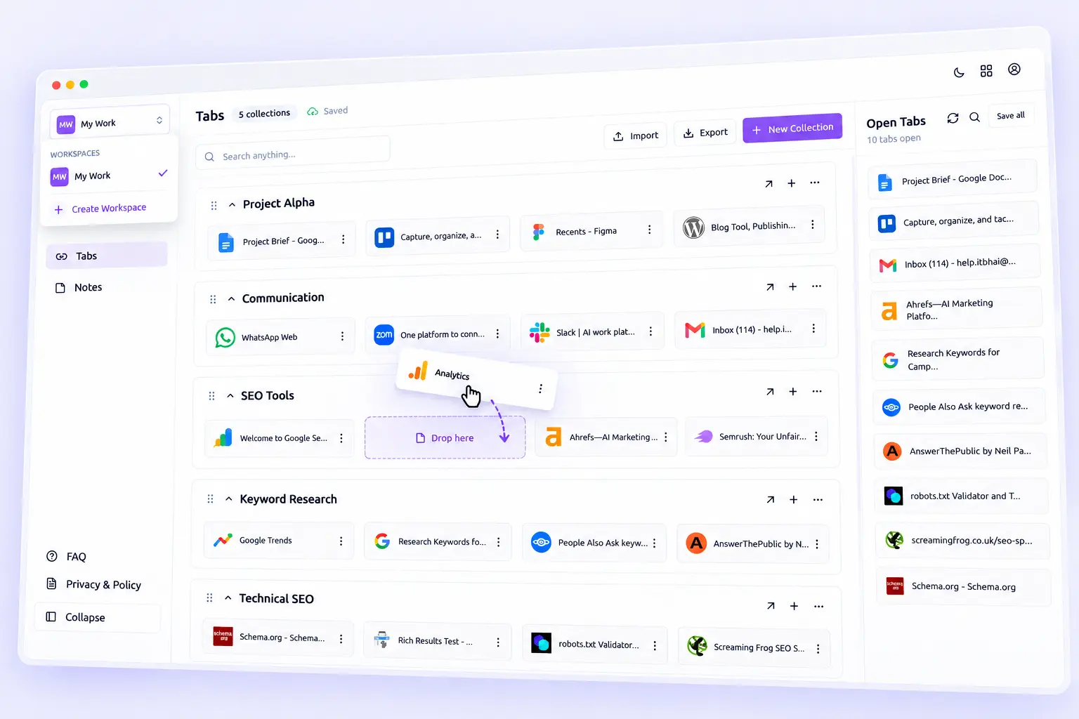 Keeply collections and workspaces product UI placeholder